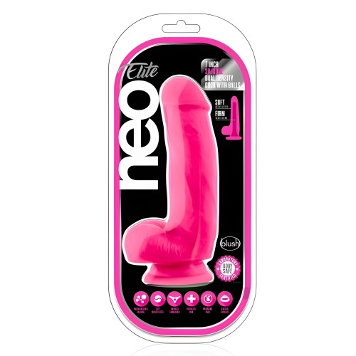 Neo Elite - Dildo de Silicona Dual Density de 7 Pulgadas con Testículos - Rosa Neón