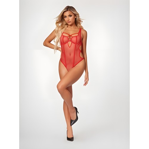 Fishnet Strappy Teddy - Red