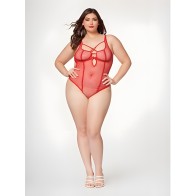 Fishnet Strappy High Cut Leg Teddy in Red 3X/4X