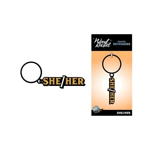 Wood Rocket She/her Keychain - Stylish Pronoun Representation