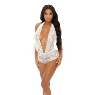 Sheer Lace Deep V Halter Bodysuit W/open Crotch White Xl