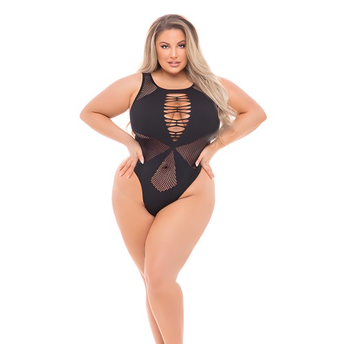 Pink Lipstick Highneck Bodysuit (Fits up to 3X) Black QN
