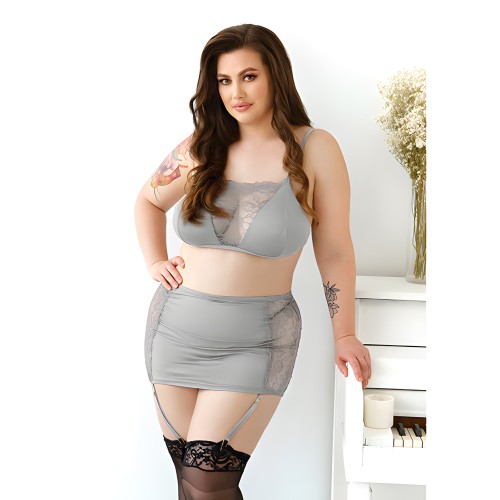 Curve Layne Lace & Microfiber Bralette w/ Garter Skirt - Gray 1X/2X