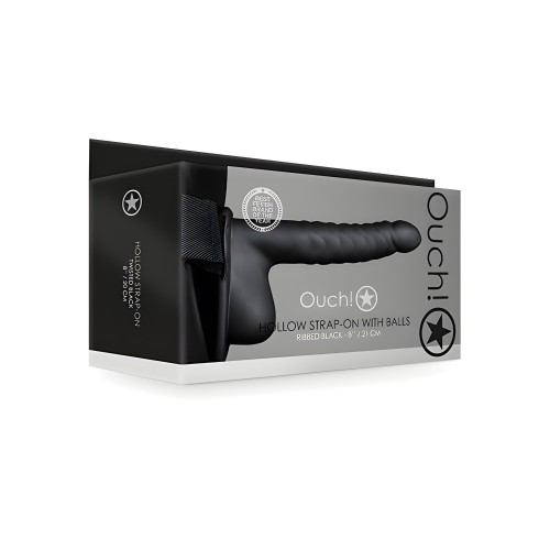 Shots Ouch 8" Ribbed Hollow Strap On w/Balls - Black