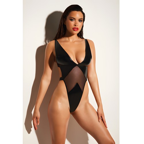 FETISH Limitless Soft Cup High Leg Vinyl & Mesh Teddy Black 1X/2X