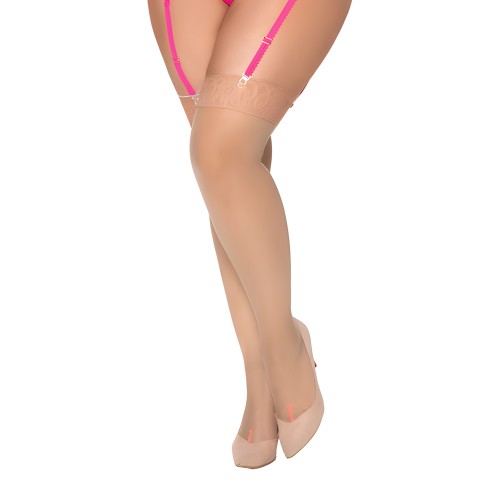 Mesh Thigh High Stockings w/Hot Pink Back Seam Nude QN