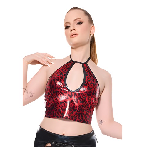 Darque Metallic Wet Look Keyhole Halter Top - Red/Black MD