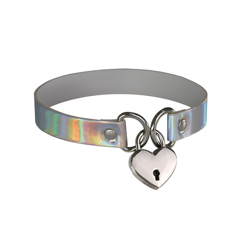 Collar con Candado en Forma de Corazón - Blanco Holográfico