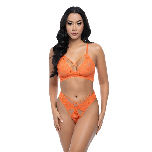 Conjunto de 2 piezas Bralette de Encaje con Concha y Malla - Naranja Fuego Dragón S/M