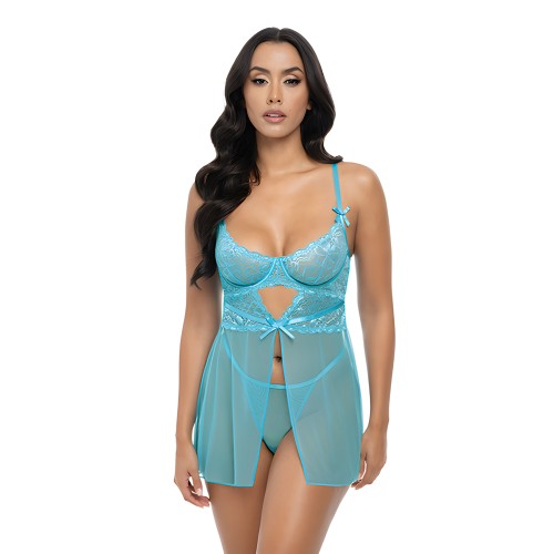 Babydoll de Encaje Floral y Malla - Azul Playa LG