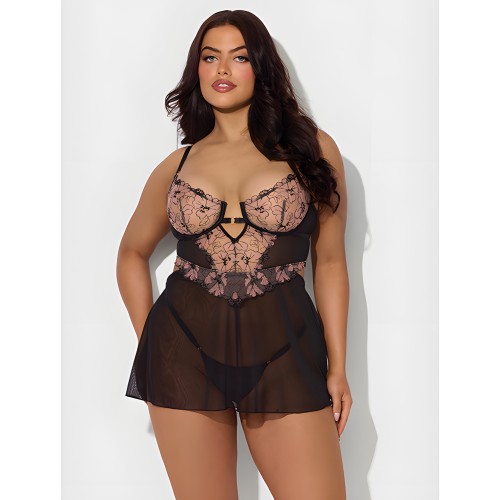 Conjunto de Babydoll de Encaje y Malla Nova - Negro 3X/4X
