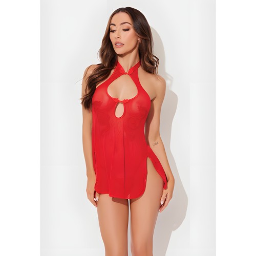 Chemise de Malla con Apliques de Dragón y G-String 2 pc Set - Rojo LG