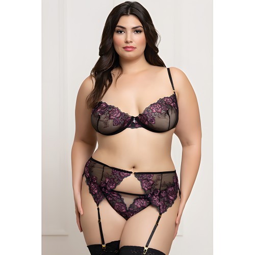 Floral Lace and Mesh Bra Set - Black/Purple