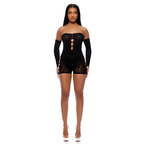 Conjunto Bodystocking Romper Cross Your Mind con Detalles de Rhinestones y Guantes 2 pcs - Negro O/S