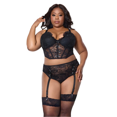 Conjunto de Bustier de Encaje con Copas Acolchadas y Tanga con Suspensorio - Negro