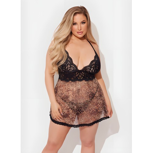 Felicia Mesh and Lace Babydoll - Leopard 3X/4X