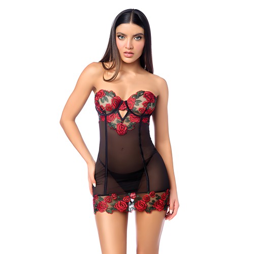 Babydoll Bordado Floral con Aros y Detalle de Lazo en la Espalda & Tanga - Negro/Rojo SM