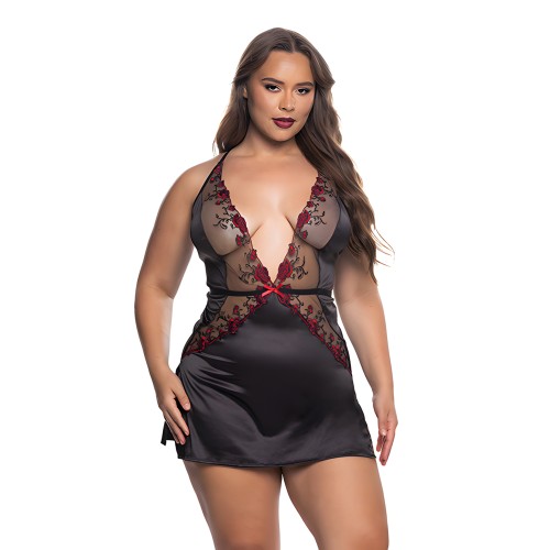 Blossom Beauty Embroidered Rose Lace Babydoll - Black/Red 1X