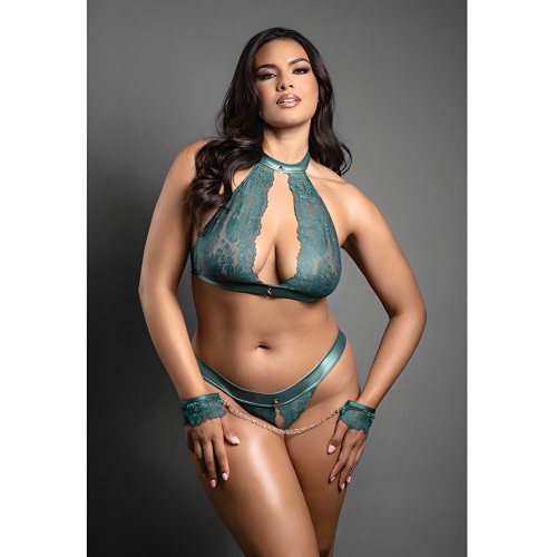 Domina Lace Bralette & Open Panty Set - Green QN