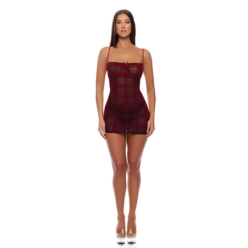 Velvet Lines Mesh Chemise & Thong 2 pc Set - Red/Black SM