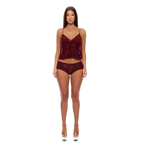 Velvet Lines Mesh Cami Boy Short Set Red Black SM