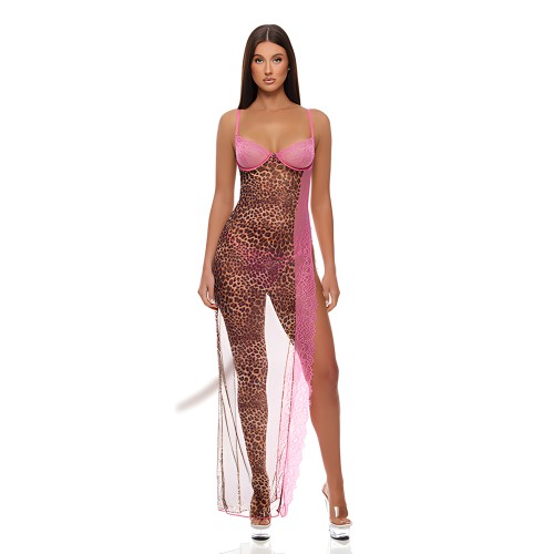Animal Instincts Mesh Nightgown & Panty - Pink Leopard MD