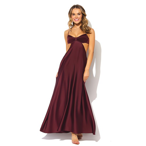 Brigeta Satin Cut Out Long Dress - Burgundy SM