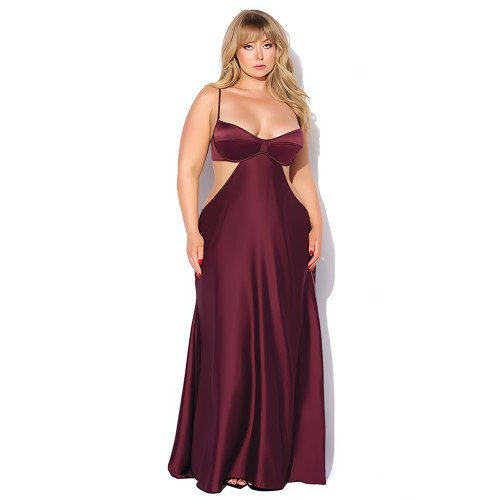 Brigeta Satin Cut Out Long Dress - Burgundy - 3X/4X