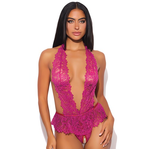 Jocelyn Lace Halter Teddy - Raspberry 1X/2X