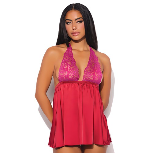 Jocelyn Lace & Satin Halter Mini Babydoll - Raspberry - Small