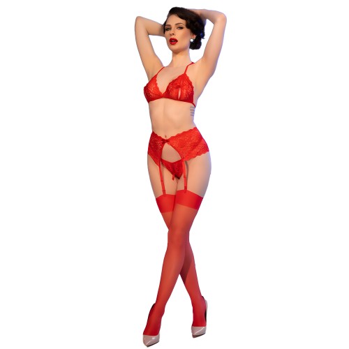 Chilirose CR 4848 Set Sujetador + Tanga + Medias De Encaje Rojo