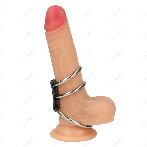 Kink - Anillo Pene Triple Metal 3.7 Cm A 5 Cm Conectados Con Cuero
