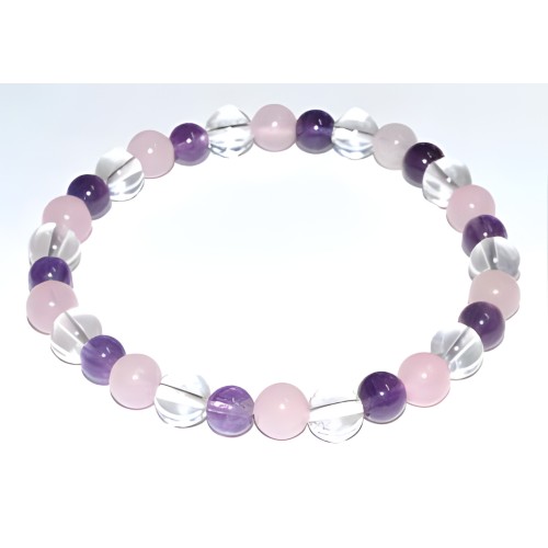 Pulsera de 6mm de Amatista, Cuarzo Rosa y Cuarzo