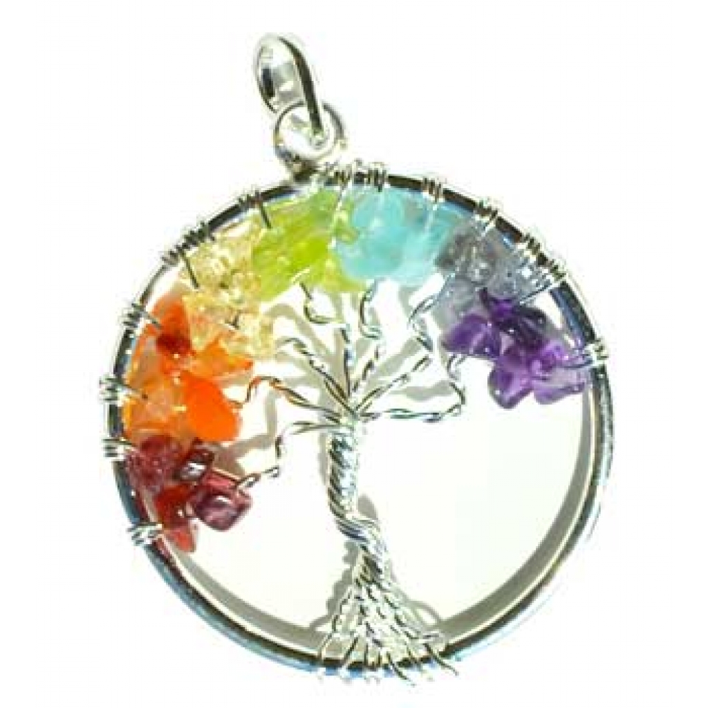 7 Chakra Tree of Life pendant silver tone