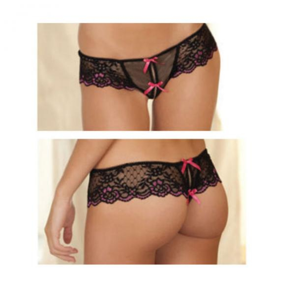 Crotchless Lace Thong with Bows Black M/L
