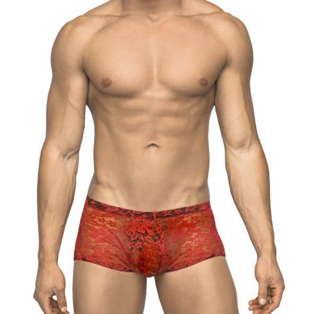 Male Power Stretch Lace Mini Short Red Small