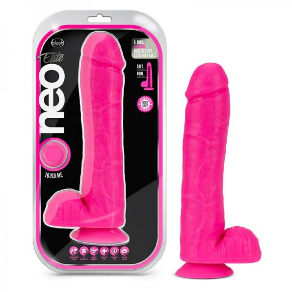 Neo Elite - 11-inch Silicone Dual-density Penis With Balls - Neon Pink