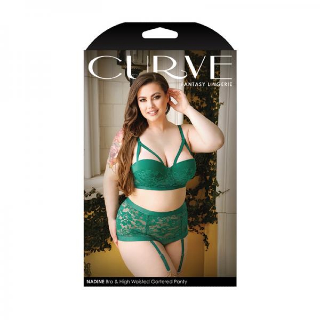 Curve Nadine Longline Contour Cup Bra & High Waist Panty With Removable Garters Emerald 1x/2x