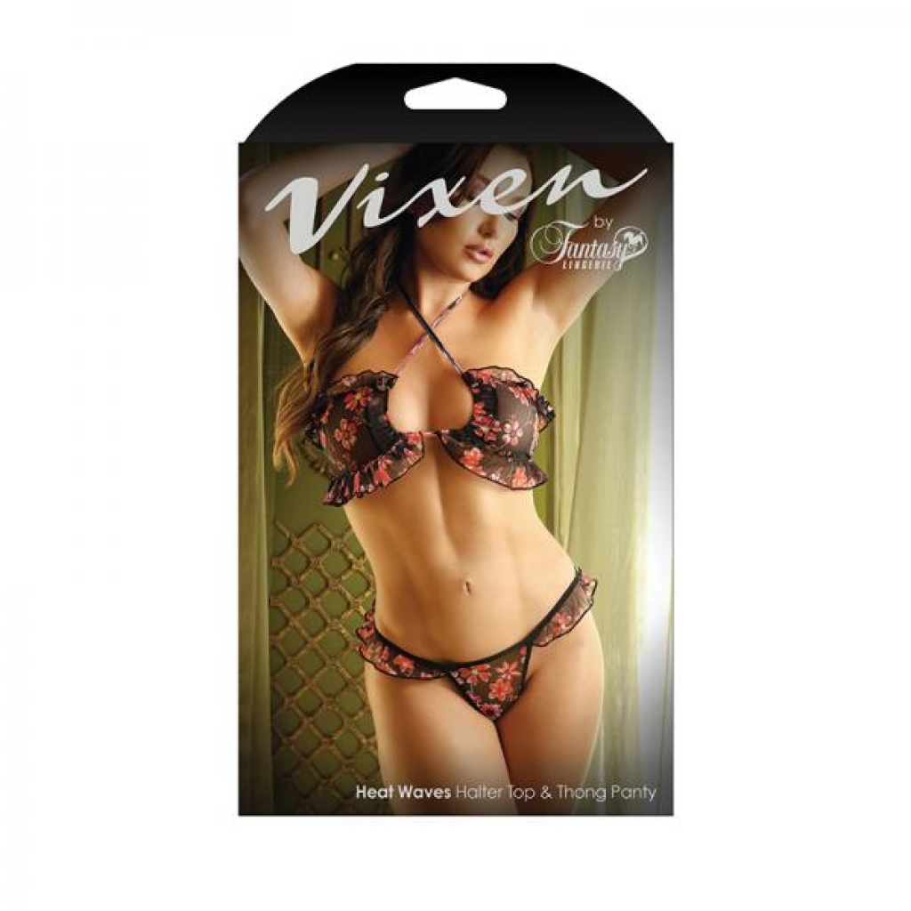 Vixen Heat Waves Floral Print Ruffled Bralette & Matching Thong Panty Black O/s
