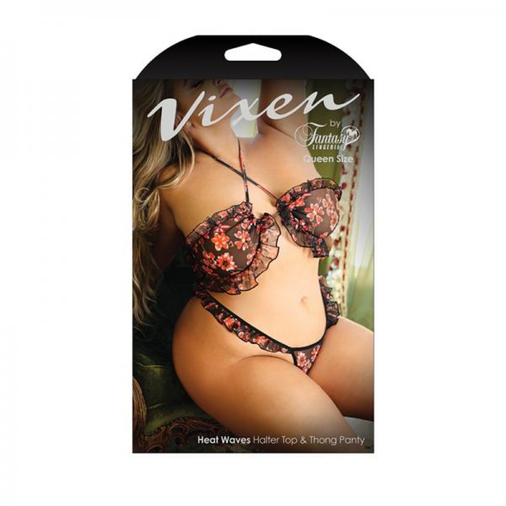 Vixen Heat Waves Floral Print Ruffled Bralette & Matching Thong Panty Black Queen