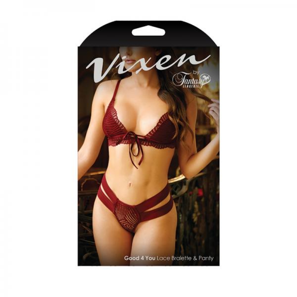 Vixen Good 4 You Lace Triangle Bralette & Matching Panty With Double-strap Waistband Burgundy O/s