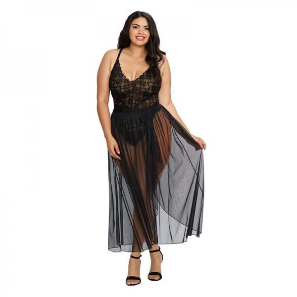 Dreamgirl Plus-size Stretch Lace Teddy & Sheer Mesh Maxi Skirt With Adjustable Straps & G-string Bla