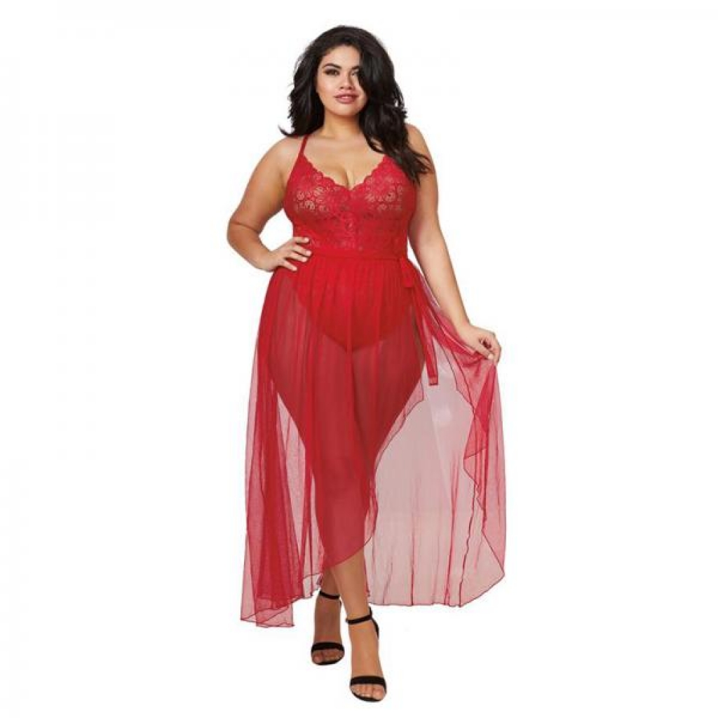 Dreamgirl Plus-size Stretch Lace Teddy & Sheer Mesh Maxi Skirt With Adjustable Straps & G-string Rou