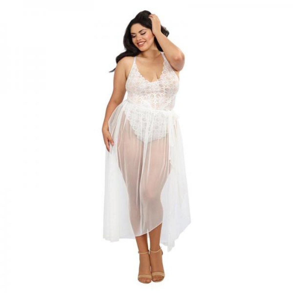Dreamgirl Plus-size Stretch Lace Teddy & Sheer Mesh Maxi Skirt With Adjustable Straps & G-string Whi