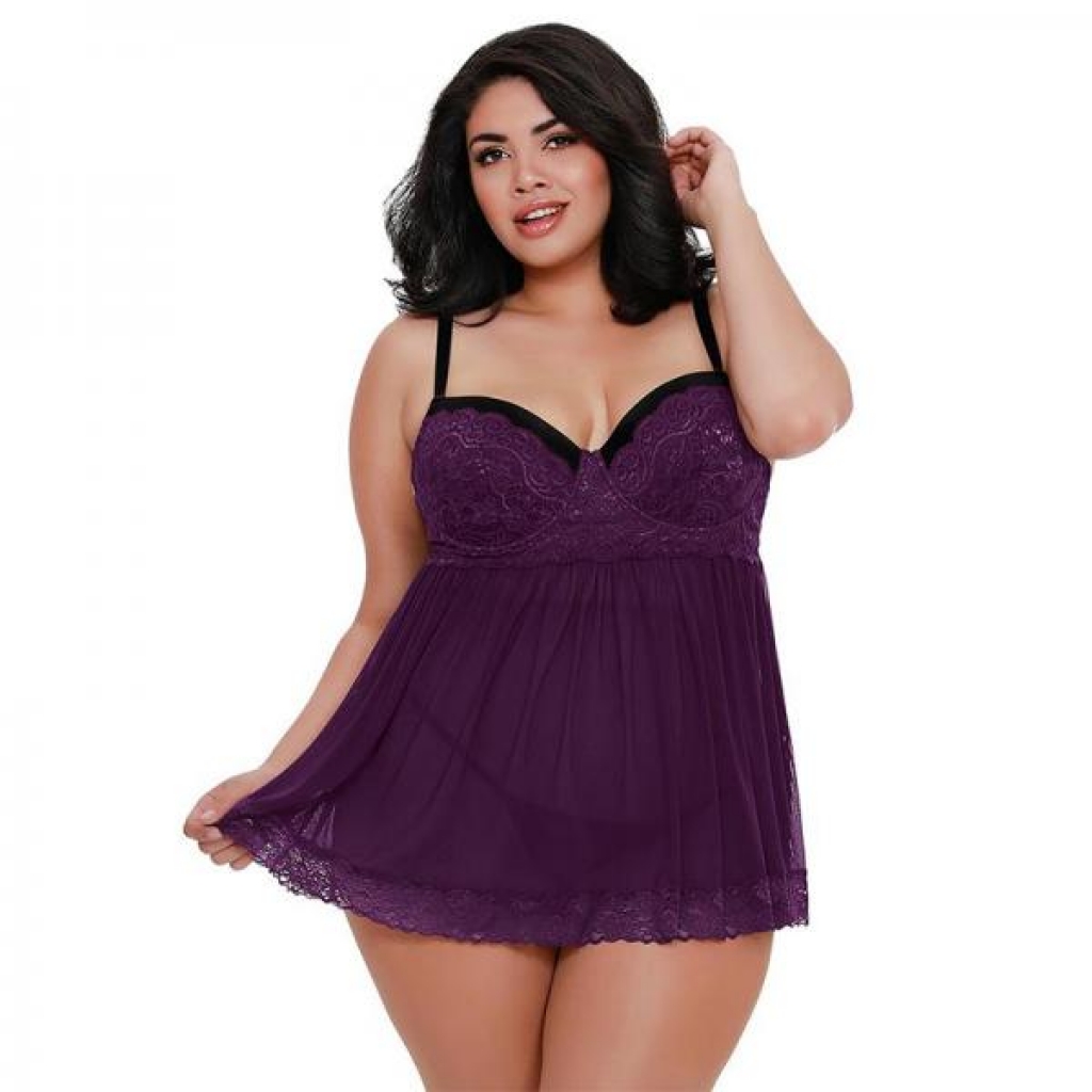 Dreamgirl Plus-size Stretch Mesh And Lace Babydoll With Underwire Push-up Cups, G-string, And Lace O