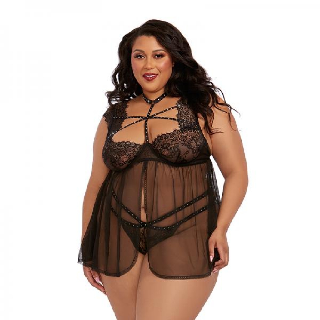 Dreamgirl Plus-/size Lace Babydoll With Thong Black 1x Hanging