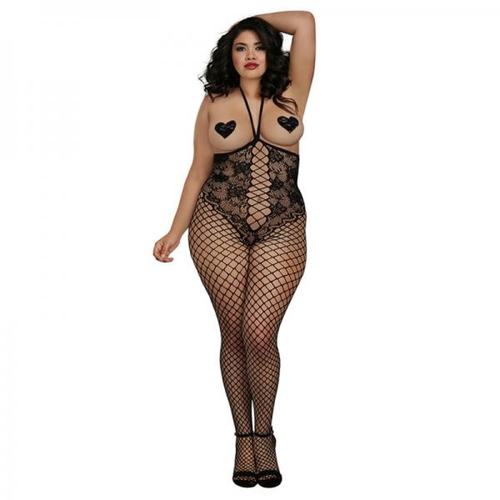 Dreamgirl Open-cup Bodystocking With Knitted Lace Teddy Design, Fishnet Legs, Open Crotch And Adjust