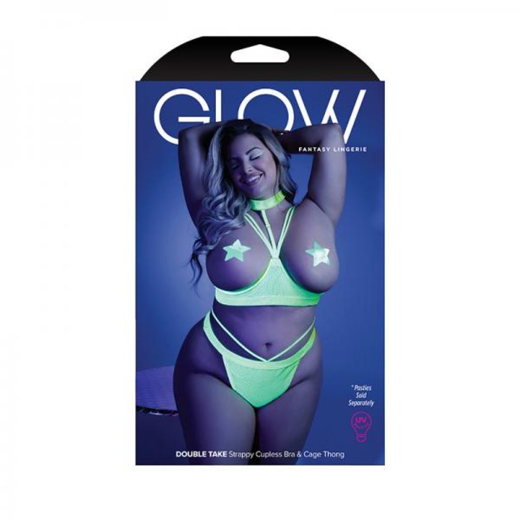Glow Double Take Strappy Harness Open-shelf Bra & Cage Thong Neon Lemon Qs