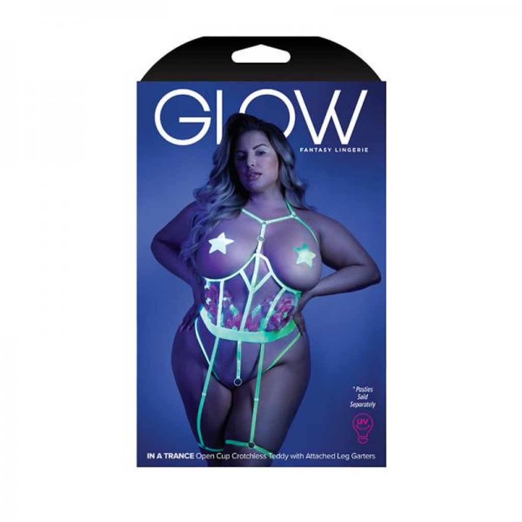 Glow In A Trance Floral Embroidered Open-cup Crotchless Teddy With Attached Leg Garters Neon Chartre