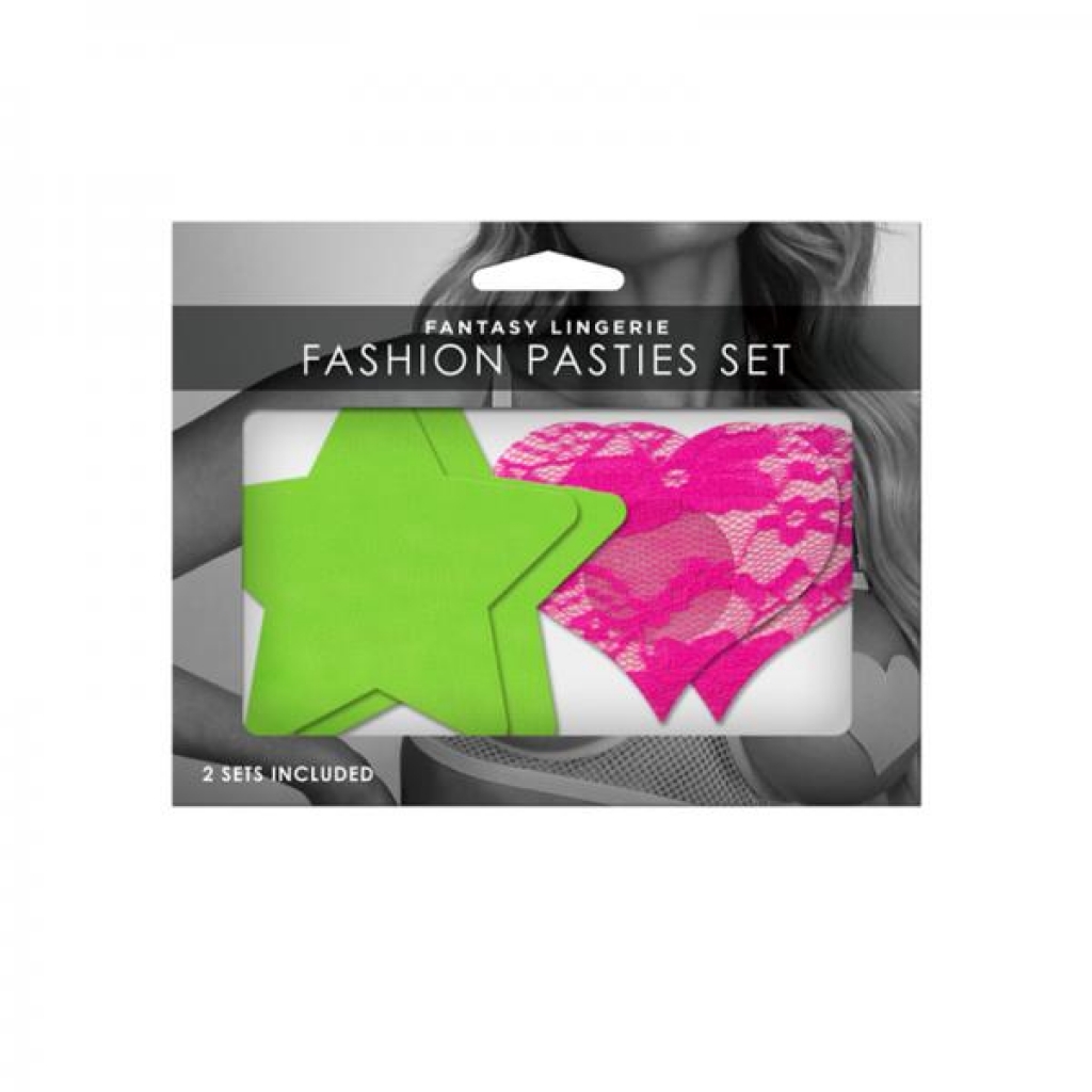 Neon Pasties 2-pack Neon Green Solid Star Neon Pink Lace